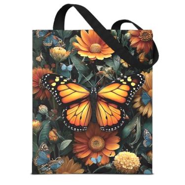 Imagem de Sacola feminina de lona estética floral borboleta vintage girassóis reutilizável para compras, trabalho, viagem, praia