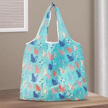 Imagem de Bolsa de compras grande dobrável, bolsa quadrada de pano de flor, bolsa portátil para mulheres - espaçosa e leve, perfeita para compras, viagens e uso diário, estampa de gato verde