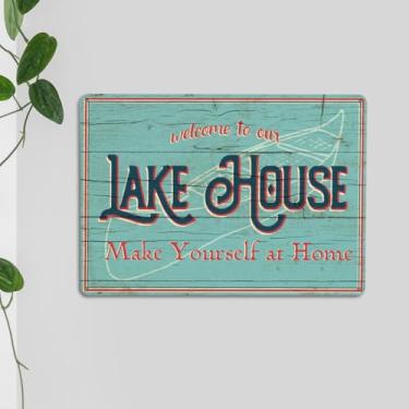 Imagem de Lake House Placa de metal de boas-vindas retrô cabine varanda quintal decoração de parede acessórios vida do lago 7 x 10,5 polegadas