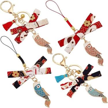 Imagem de 4 peças de pingentes de chaveiro de laço estilo japonês com laço de borla design de peixe da sorte perfeito mascote boa sorte para telefone, bolsa e mochila, ótimos presentes engraçados