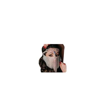 Imagem de KYHNG Máscara de olho de strass para mulheres, baile de máscaras, sexy, acessórios para o rosto do Dia das Bruxas, decoração de joias, véu de borla de cristal luxuoso, corrente facial (prata)