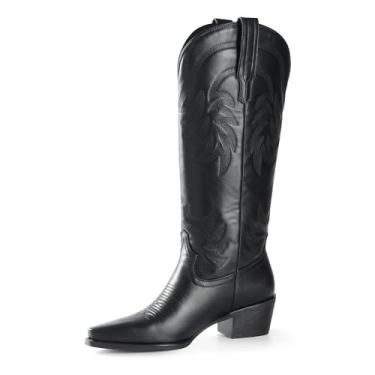 Imagem de iiimmu Botas femininas Cowgirl, cano alto, bico fino, salto bloco, camurça caubói e couro sintético com bordado, Pu Midnight Black - Altura da panturrilha, 38