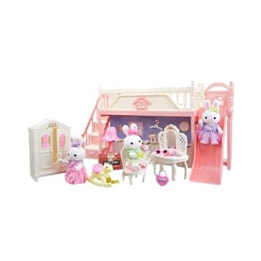 Imagem de Casinha Feliz, Quarto Infantil Divertido com Coelhos, Móveis e Acessórios, Conjunto de Brinquedo em Rosa