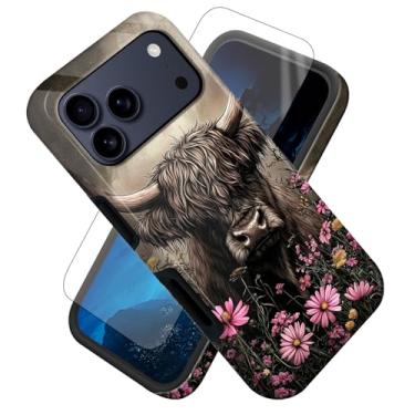 Imagem de FUYOCWE Capa para iPhone 17 Pro Max, capa de vaca Highland em flores rosa com estampa lateral, protetor de tela + capa híbrida fina de camada dupla macia interna e rígida para iPhone 17 Pro Max de 6,9