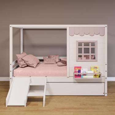 Imagem de Bicama Casinha Reta Com Escorregador Madeira Maciça Branco- Rosa Housin