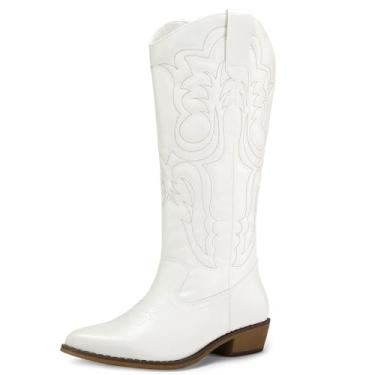Imagem de mysoft Botas femininas caubói cano médio vaqueira bordada, bico fino, salto grosso, sem cadarço, cano alto, Bordado branco, 35