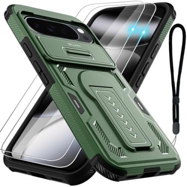 Imagem de GILLKIN Capa para Google Pixel 10 Pro XL com 2 protetores de tela, capa de câmera deslizante, suporte e alça de cordão, capa protetora resistente à prova de choque de 2 camadas de grau militar, verde