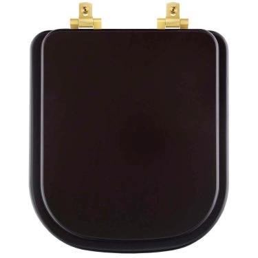 Imagem de Assento Sanitário Mdf Soft Close Piano Marrom Fosco Para Vaso Deca Com Ferragem Dourada