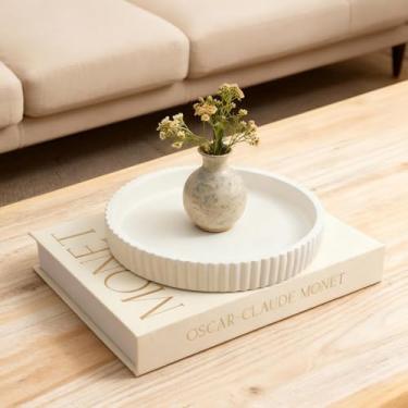 Imagem de Bandeja decorativa de concreto e conjunto de livros – Bandeja recortada para decoração de casa e caixa de armazenamento de linho para mesa de café, estante de livros ou sala de jantar – Presente de