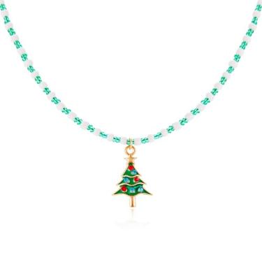 Imagem de Colar de contas de bengala doce de Natal feito à mão esmaltado Papai Noel, árvore de Natal, sinos de floco de neve, muleta, vermelho, verde, miçangas, colar com pingente para mulheres, Natal, Ano Novo