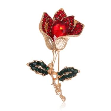 Imagem de QLYOVWE Broche de flor de rosa vermelha para mulheres e homens elegante flor de cristal broche de lapela retrô terno chapéu acessórios de vestido casamento dia dos namorados joias presente, Standard