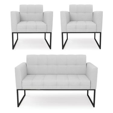 Imagem de Kit 1 Sofá Namoradeira E 2 Poltronas Elisa Linho Cinza A05 Base Metálica Industrial Preto - D'rossi
