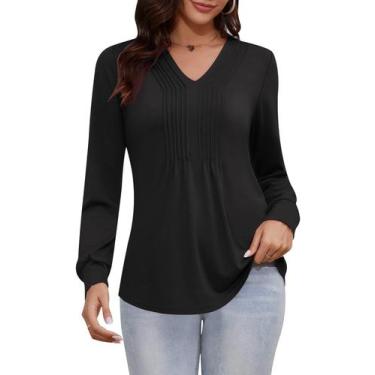 Imagem de Blusa elegante, casual, manga comprida, decote em V, plissada, preta L