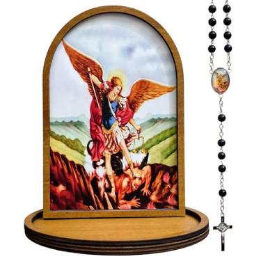 Imagem de ARTINRENAISS San Miguel Arcangel placa de madeira com ícone católico decoração de altar, bandeja de rosário de madeira com imagem de São Miguel com rosário de contas de São Miguel Arcanjo