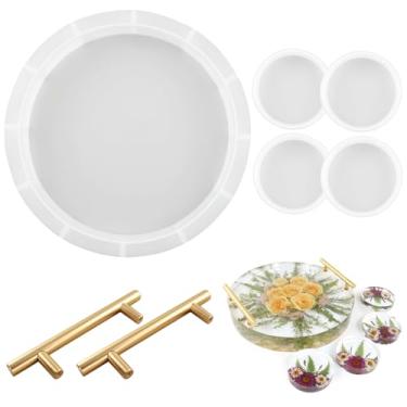 Imagem de Conjunto de moldes de bandeja de resina de cristal DIY, possui 1 molde redondo grande, 4 moldes para copos, par de alças de latão dourado, silicone reutilizável para projetos de arte