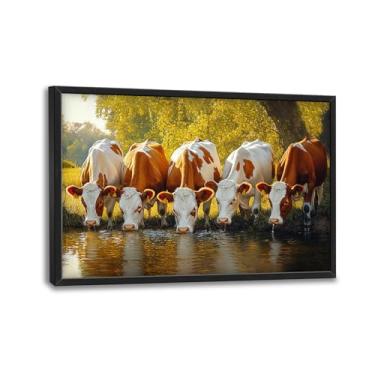Imagem de Olivine Arte de parede grande de vaca, decoração de parede de imagens de vaca de fazenda, pintura de natureza rústica, impressão em tela de paisagem campestre, arte emoldurada para sala de jantar