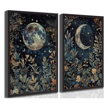 Imagem de 2 peças de arte de parede em tela celestial vintage sol e lua celestial eclipse botânico estético escuro academia imagens decoração de parede pôster arte impressa para sala de estar quarto decoração