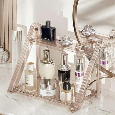 Imagem de FYABREEK Organizador de cosméticos de acrílico transparente, suporte de armazenamento dobrável de camada dupla, suporte de exibição de produtos de beleza transparente para penteadeira de banheiro, à