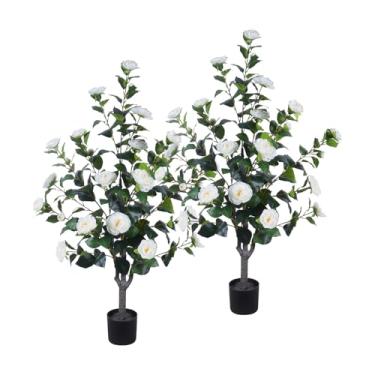 Imagem de Camélia artificial de 9 m, camélia falsa, vaso falso de camélia, planta de camélia em vaso falso, planta branca em vaso sintético, decoração interna e externa para casa, escritório, varanda, pátio