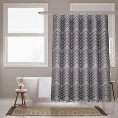Imagem de Inhousolu Cortina de chuveiro de tecido boêmio, borla listrada chevron texturizada tufada, pano minimalista de casa de fazenda moderna, cortina de banho lavável repelente à água para banheiro hotel