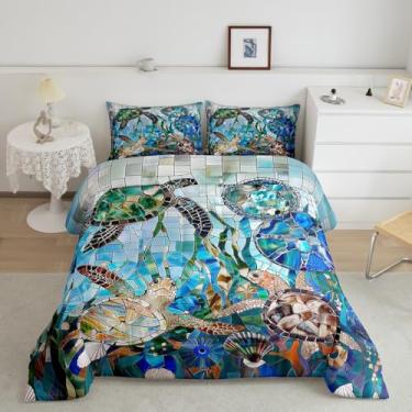 Imagem de Erosebridal Jogo de cama solteiro tartaruga náutica, temática oceânica, temática litorânea, para crianças, adolescentes, adultos, mapa vintage, praia, estrela-do-mar, água-viva, conjunto de colcha