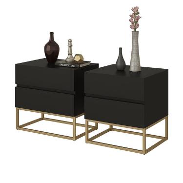 Imagem de Conjunto 2 Mesa De Cabeceira Industrial Pé De Ferro Dourado Preto
