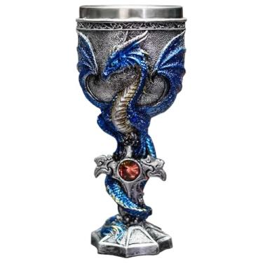 Imagem de DINTSTYLE Cálice de vinho de dragão de chama medieval, taça de vinho de resina cálice com forro de aço inoxidável, cálice Fantasy Dungeons and Dragons 200 ml (longo)