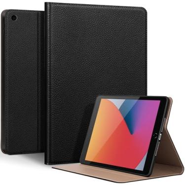 Imagem de Thryxop Capa de couro genuíno para iPad 7ª/8ª/9ª geração (2019/2020/2021) 10,2 polegadas | Capa protetora fina com suporte ajustável, despertar/hibernar automaticamente, couro premium | preta