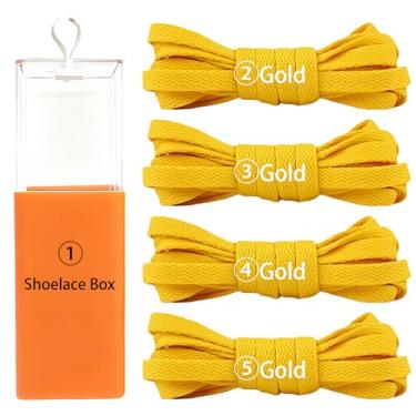 Imagem de sovida 4 pares de cadarços planos - 36 cores para cadarço de sapatos, tênis de corrida atlético, sapatos casuais, cordas para botas, 25 - ouro x 4 + caixa de cadarço, 120cm【47.2in】