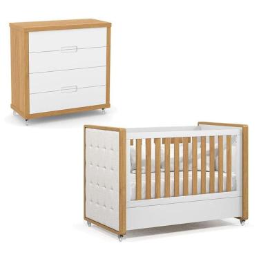 Imagem de Berço Americano Com Capitonê New Boucle E Cômoda Gaveteiro Infantil Tutto New Freijó Branco Acetinado - Matic