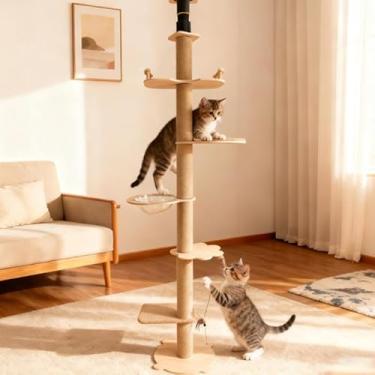 Imagem de Árvore de gato de tensão do chão ao teto, altura ajustável de 6 níveis (152 a 289 cm), torre de escalada com postes espessos para arranhar, 2 camas para gatos e brinquedo para gatos, adequada para