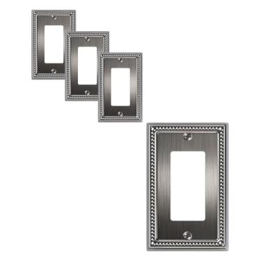 Imagem de TREEWELL Pacote com 4 placas decorativas de cobertura de tomada, placas decorativas para interruptores e tampas de tomada, placas de parede de metal prata antiga para tomadas elétricas