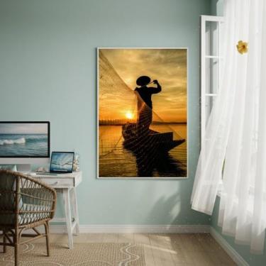 Imagem de Quadro Decorativo Pescador No Oceano-70x50cm Cor:Moldura Preta - Quadr
