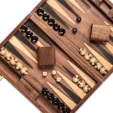 Imagem de Lingle 14.5'' Deluxe Natural Walnut Folding Backgammon Set with 30 Artificial Horn Chips, Classic Two-Player Strategy Board Game