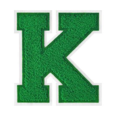 Imagem de 1 peça de patch de letra de chenille verde de 11,4 cm com borda branca – Remendos do alfabeto para roupas, jaquetas, mochilas, chapéus para decoração personalizada, nome personalizado e artesanato. (K