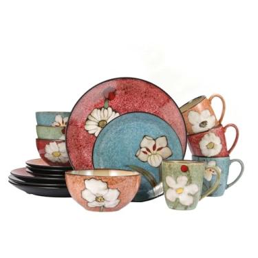 Imagem de Cteaffee Conjunto de louça moderno de grés, 16 peças, pratos de cozinha, tigelas e canecas, serve para 4, pode ir à lava-louças e ao micro-ondas, 4 cores (serviço para 4 (16 peças))