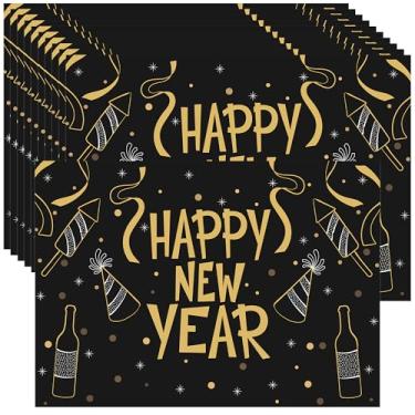 Imagem de Wonmon 50 peças de tapetes de papel de feliz ano novo, descartáveis, ouro preto, véspera de ano novo, tapetes de mesa para cozinha, decoração de mesa de jantar, artigos de festa de Natal, 35 x 25 cm
