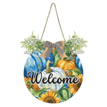 Imagem de SEHANY Guirlandas de outono para decoração de porta da frente, letreiro de boas-vindas de abóboras de madeira rústica para pendurar no dia de Ação de Graças para decoração de festas ao ar livre