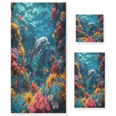 Imagem de ATTX Conjunto de toalhas de banho coloridas de recifes de coral de 3 peças - Ultra macio e de secagem rápida, toalhas de mão absorventes de grau de hotel e spa para banheiro #687