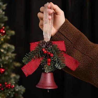 Imagem de Luqeeg Enfeite de Sino de Natal para Pendurar, Decoração de Sino de Natal Vintage com Corda para Pendurar Laço, Pinha Frutas Vermelhas para Casa Decoração de Porta Guirlanda (Vermelha)