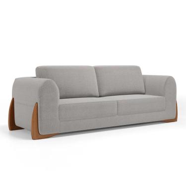 Imagem de Sofá Living Bloom 220cm 03 Lugares Com Pés De Madeira Bouclê Cinza - Desk Design