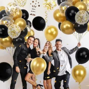 Imagem de 15 balões infláveis românticos de lantejoulas brilhantes em ouro preto para aniversário, casamento, festa de Natal, suprimentos de decoração