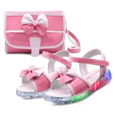 Imagem de Kit Sandália Infantil Luzinha Menina Sola Led Com Bolsinha MzKid-Feminino