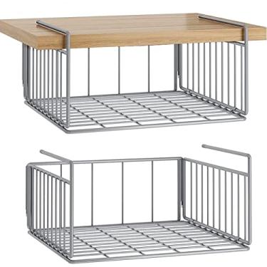 Imagem de SUFAUY Organizador de cesta de prateleira sob o armário, 2 unidades de cestas de armazenamento suspensas de arame de metal para pendurar até 10 kg para despensa de cozinha ou geladeira, prata