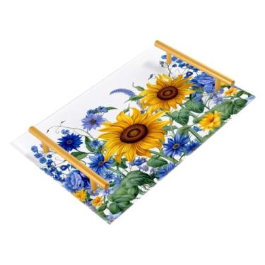 Imagem de Wassud Bandeja de banheiro de girassóis e bluebells com alças, organizador de perfume de joias de acrílico para banheiro, quarto, cozinha, balcão de 30 x 20 cm