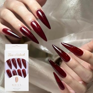 Imagem de 24 unidades/conjunto de unhas postiças artísticas artísticas pretas com cola 3D destacável estileto super longo unha artificial completa (Borgonha)