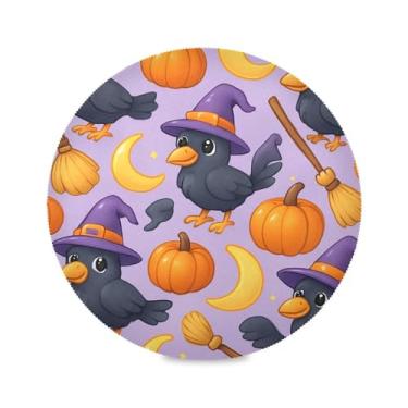 Imagem de Wassud Jogo americano fofo corvo chapéus de bruxa tapetes de mesa redondos para cozinha e jantar tapetes laváveis resistentes ao calor decoração de mesa 39 cm
