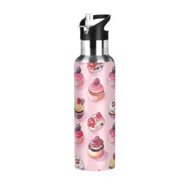 Imagem de Wassud Garrafa de água fofa padrão de bolo de aço inoxidável garrafa de água esportiva com canudo garrafas de água isoladas copo portátil de viagem 947 ml