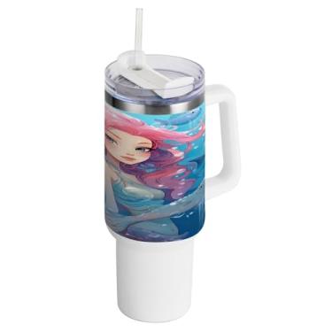 Imagem de Kigai Copo de 1,134 g com tampa e canudo, linda sereia menina à prova de vazamento durável copo isolado de aço inoxidável com alça, garrafas de água à prova de derramamento para viagens