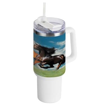 Imagem de Kigai Copo de 1,134 g com tampa e canudo, rebanhos de cavalos de corrida à prova de vazamento, copo com isolamento de aço inoxidável durável com alça, garrafas de água à prova de derramamento para